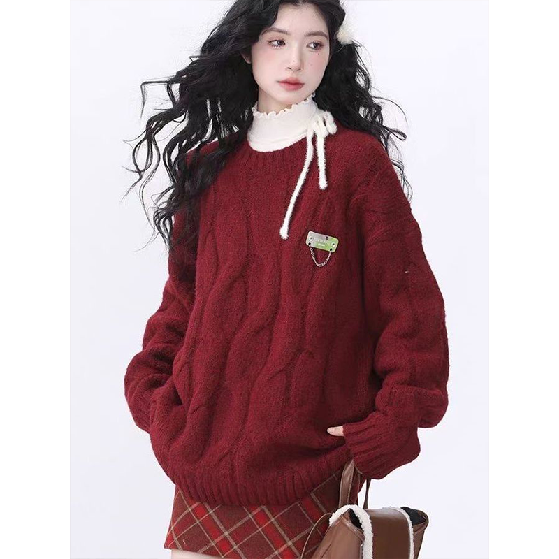复古红色毛衣女秋冬新款宽松设计感外穿麻花针织衫慵懒风上衣