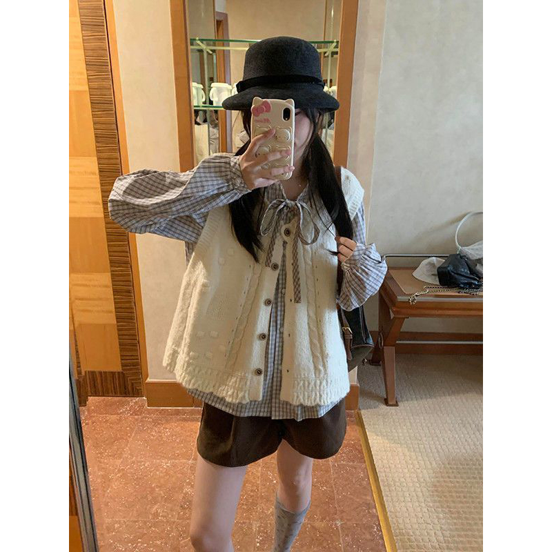 两件/套装日系甜美学院风穿搭针织开衫马甲女+蝴蝶结系带格纹衬衫