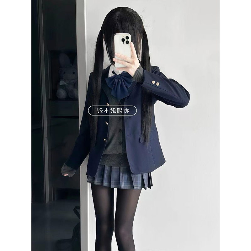原创JK制服绀色西装外套百搭秋冬校园风冈梨田格裙校供感一整套装