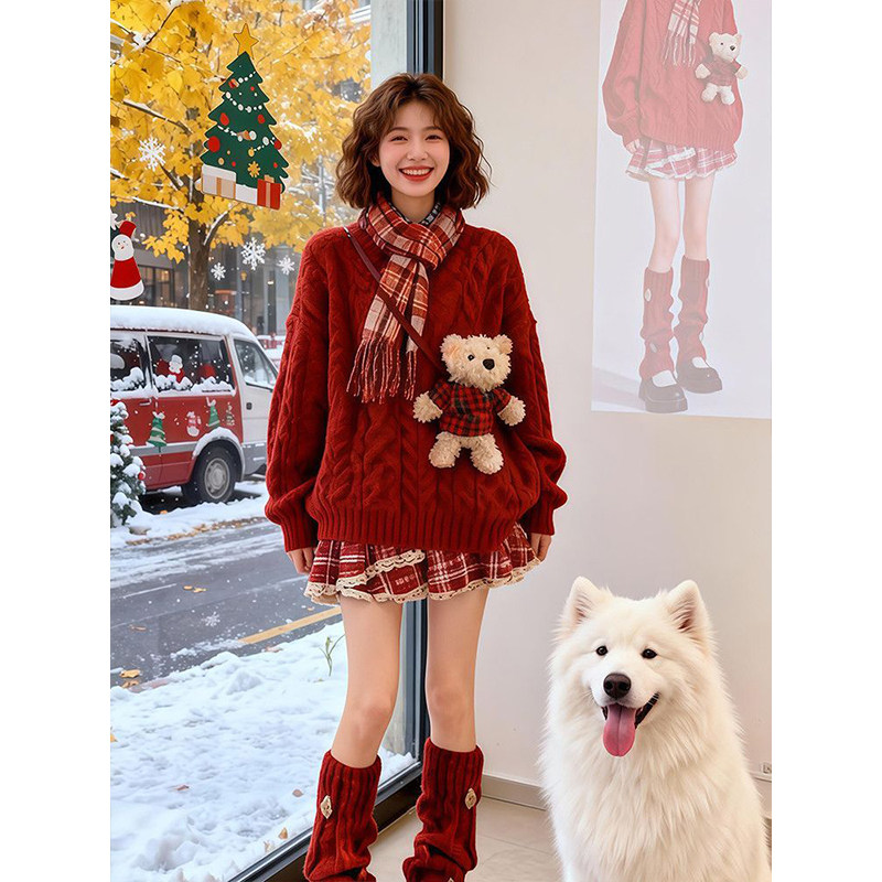 时尚麻花毛衣针织衫女学生秋冬季新年红色格纹蕾丝花边短裙一整套,女装/女士精品,时尚套装,淘宝优惠券,粉丝福利购,淘宝优惠卷