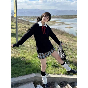 慵懒风套装针织衫黑色毛衣秋冬款日系学院风叠穿校供感秋刀鱼短裙