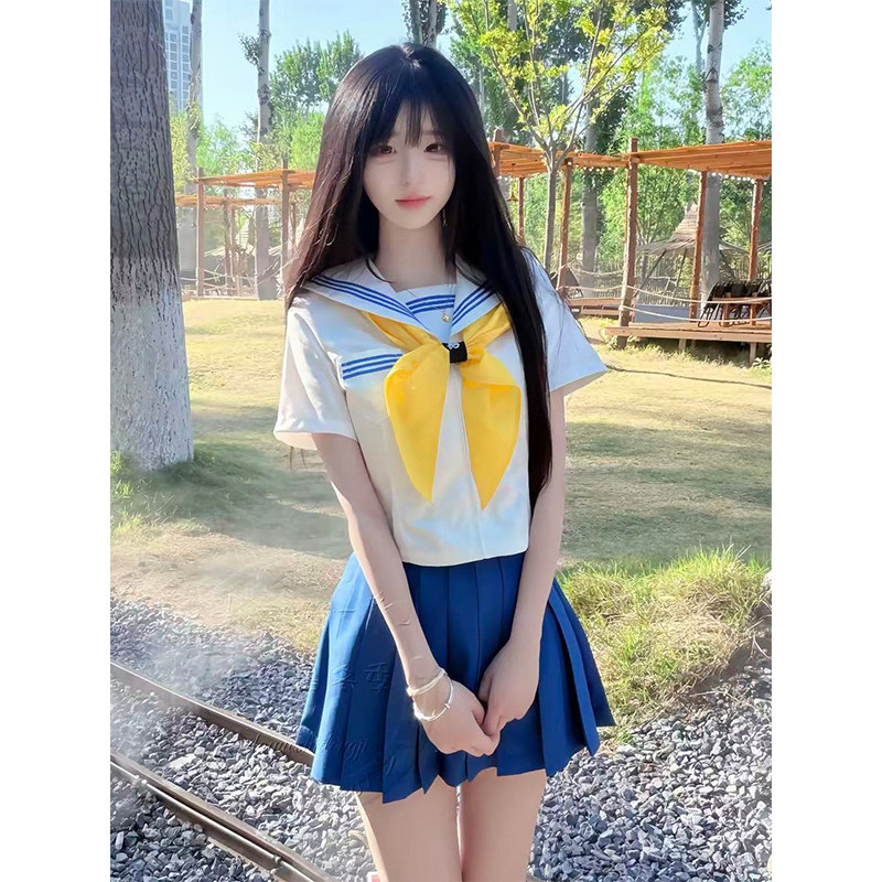 学院风JK制服穿搭白领蓝三本短袖水手服搭配蓝色百褶裙软妹套装女