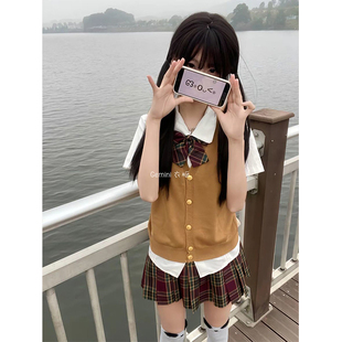 夏季 原创jk马甲女纯色叠穿百搭背心开衫 学院风山楂树格裙短裙套装