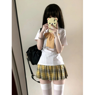 POLO衫 制服翻领正肩基础款 校供运动百搭上衣 JK小杏中格裙套装 夏季