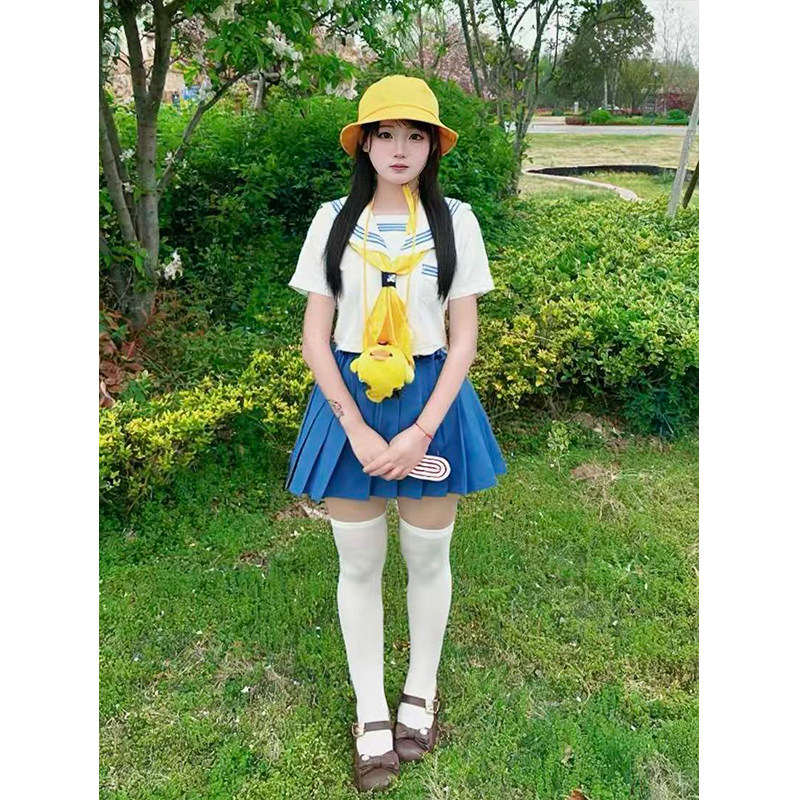 JK制服学院校供感海军领白领蓝三本水手服中间服原创新款一整套装