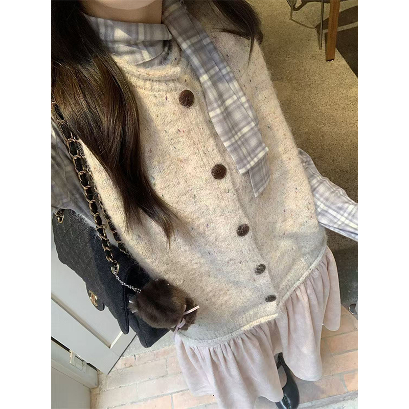 复古减龄百搭蝴蝶结圆领针织开衫叠穿格纹长袖衬衫时尚款两件套装