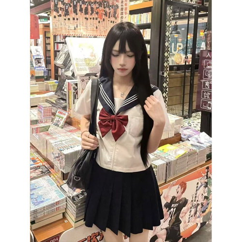 JK制服原创水手服套装短袖绀三本衬衫上衣女百搭绀色JK短裙春秋款