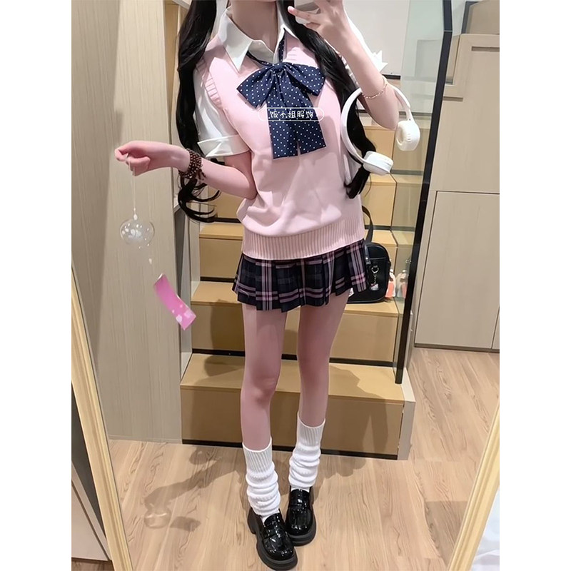 原创日系JK制服穿搭粉色无袖针织背心叠穿收腰拉条短袖上衣套装女,女装/女士精品,时尚套装,淘宝优惠券,粉丝福利购,淘宝优惠卷