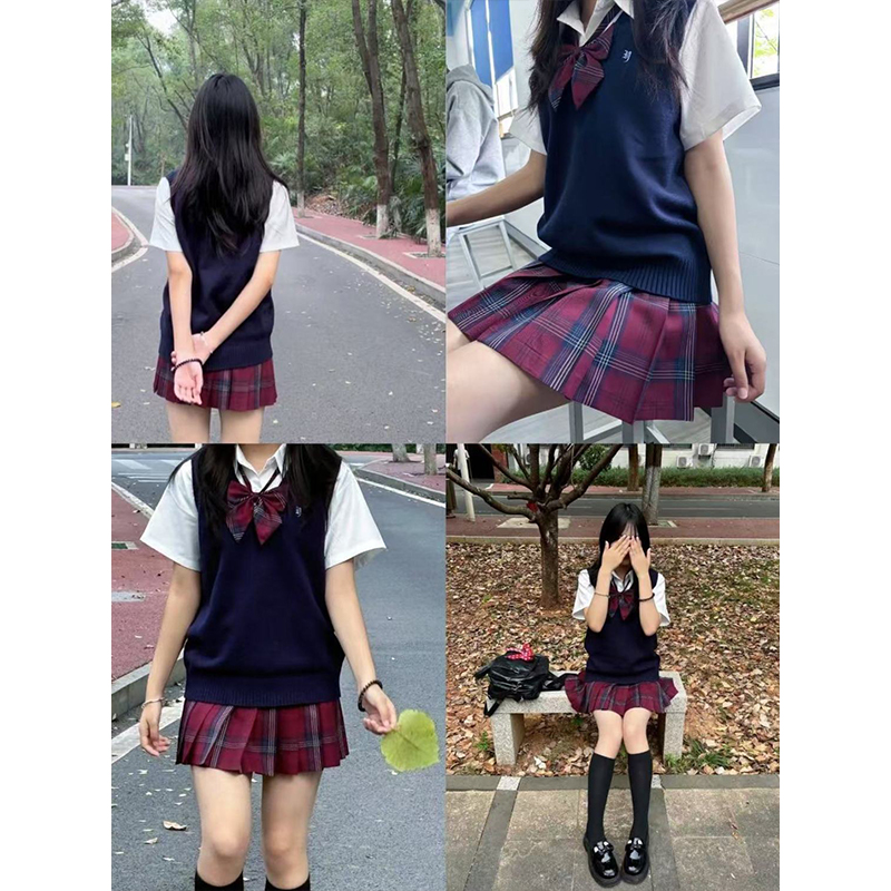 JK制服套装V领针织衫刺绣背心马甲叠穿衬衫学院风穿搭玄JK百褶裙