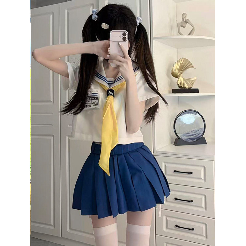 JK制服学院校供感海军领白领蓝三本水手服中间服原创新款一整套装