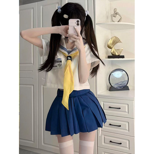 JK制服学院校供感海军领白领蓝三本水手服中间服原创新款一整套装