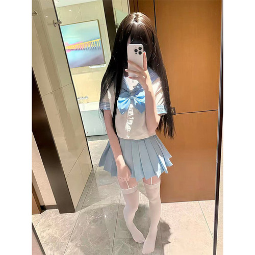 新款彩虹战队jk制服学院风萝莉可爱短袖水手服浅蓝浅粉JK裙一整套