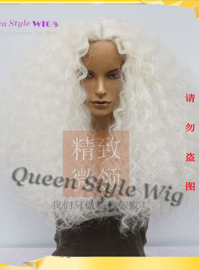 夜店百搭白色蓬松爆炸头摇滚长卷发逼真手织蕾丝假发套lace wig