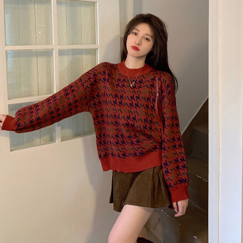 Actual shooting of autumn and winter New Retro thousand bird lattice lazy wind loose Korean long sleeved sweater top female