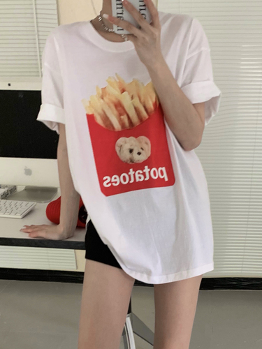 Real shot Korean summer fun large French fries print T-shirt round neck short sleeve chic Street top