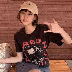 Real shot retro old rock drag cool print short sleeve loose versatile grey T-shirt girl