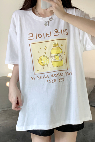 Real shooting Summer College style orange juice printing loose casual casual casual top short sleeve t-shirt female