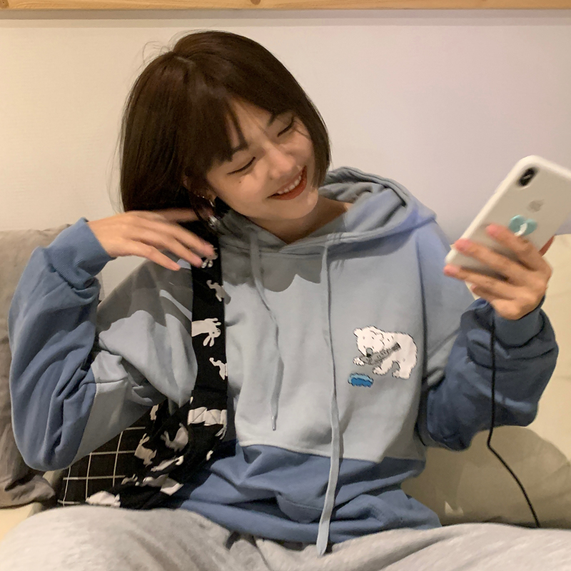 Real shot light contrast color splicing cream sweater thin hooded loose and lazy top