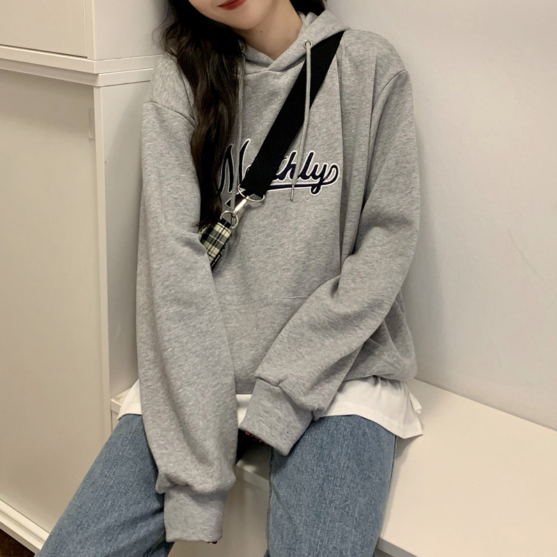 Real photo quality inspection, autumn and winter Korean version letter pasted cloth embroidered loose hooded pullover, long sleeve sweater coat