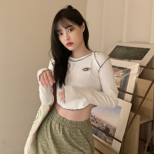 Real shooting autumn Korean version hot girl dress open line design round neck short open navel high waist long sleeve T-shirt