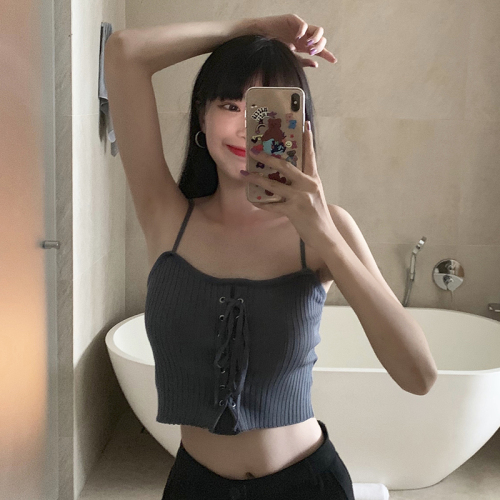 Real photo can be worn outside sexy and careful machine chest cross tie knitwear suspender vest top