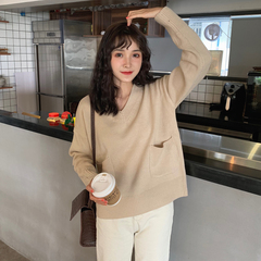 Live photo quality inspection spring new Korean loose and versatile collar pocket long sleeve Pullover Sweater female