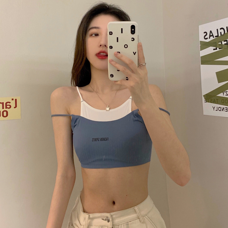 Real shooting summer super fire ins color contrast fake two suspender vest Korean slim versatile underwear bra