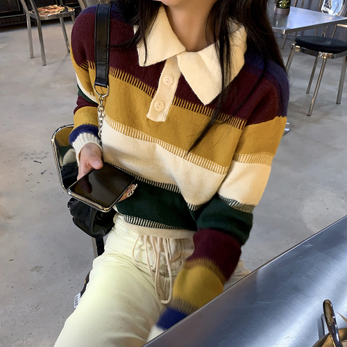 Real shot quality inspection autumn Korean color matching stripe short drawstring polo collar sweater for women