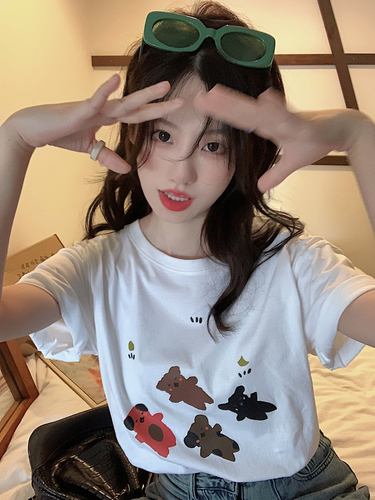 Real shooting of summer clothes Korean funny bear print pattern loose aging versatile Short Sleeve T-Shirt Top Women