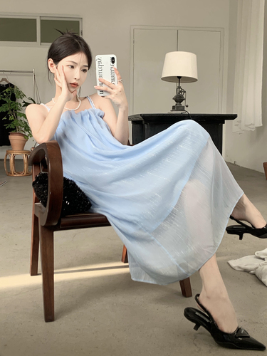 Real shooting of summer clothes pure desire wind pearl shoulder strap suspender skirt first love dress gentle seaside holiday dress