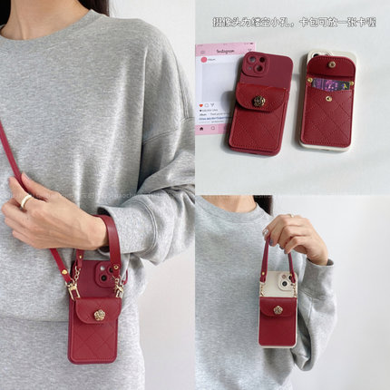 高级感山茶花菱格插卡包适用opporeno12手机壳reno11/reno10pro斜挎背带findx7全包壳a3pro奢华小香风a97/a72