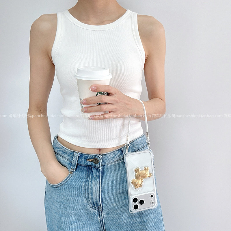 斜挎可背带挂绳适用苹果16Promax手机壳金箔小马公仔iPhone17Pro斜挎款15透明防摔套13可爱女卡通14plus新款