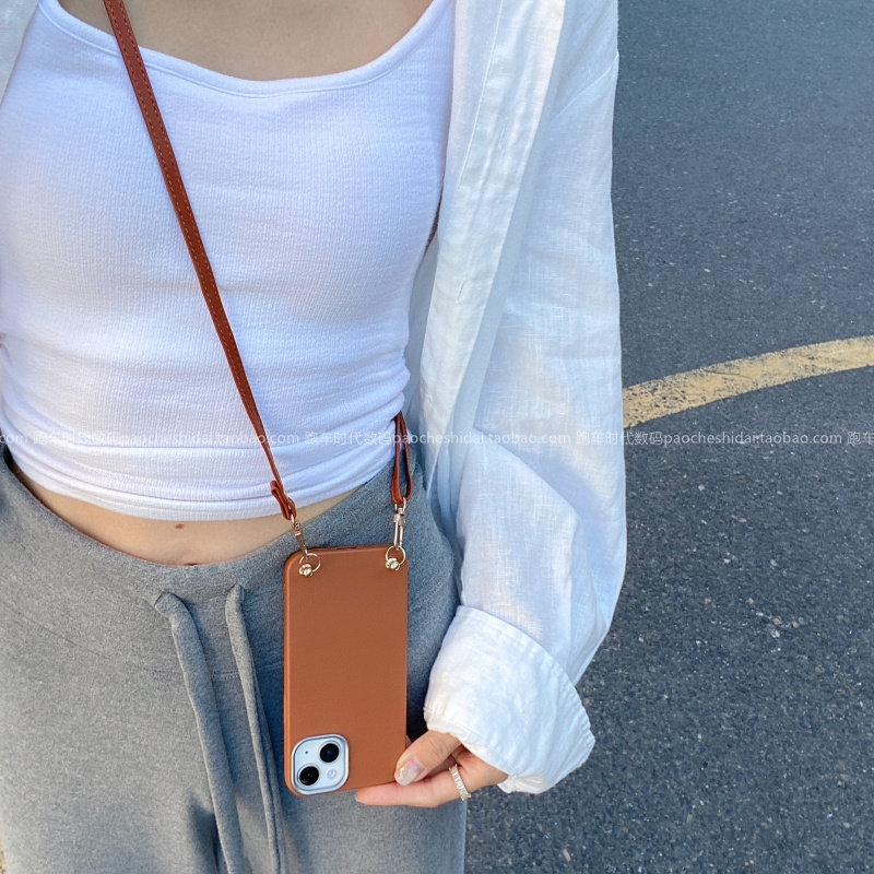 简约皮纹相框大孔摄像头保护套适用iPhone17promax苹果15手机壳16pro斜挎式13全包边14plus挂绳11防摔12pro女