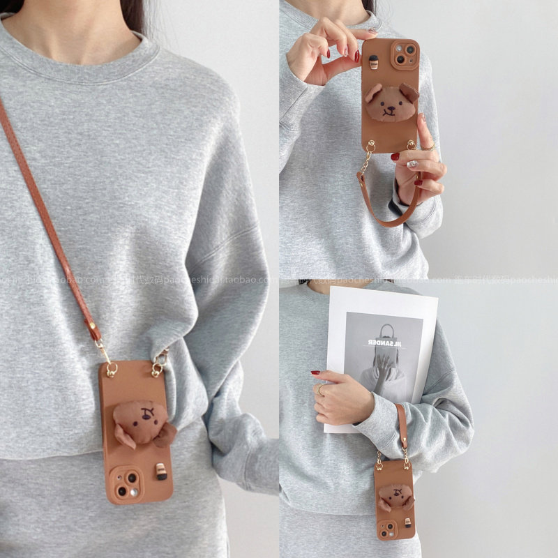 卡通毛绒咖啡小熊适用华为mate70手机壳P70斜挎nova13女mate60Pro可爱P60背带绳nova12硅胶P40全包挂绳nova11