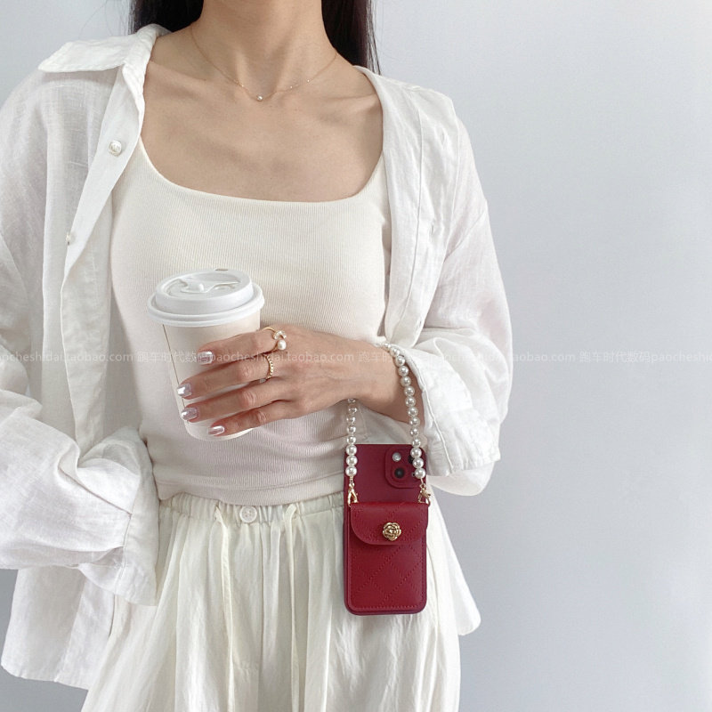 日韩ins立体山茶花菱格卡包适用小米13/14手机壳15Pro珍珠手链条红米K80全包边note14网红K70新款civi4Pro女