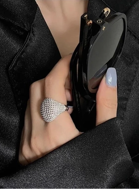 酷飒中性风戒指女镂空网格气质个性S925镀银开口指环ins风食指戒