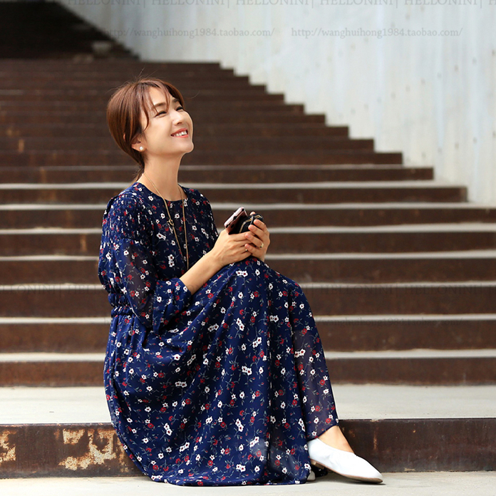 现货韩国东大门女装2018秋装新款修身显瘦碎花连衣长裙sg