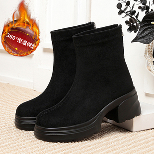 绒面短靴女真皮后拉链秋冬季 加绒保暖厚底粗跟防滑靴舒适百搭高根