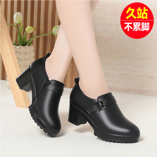 侧拉链春秋新款 真皮中年女士套脚皮鞋 防水台妈妈鞋 单鞋 深口中跟鞋