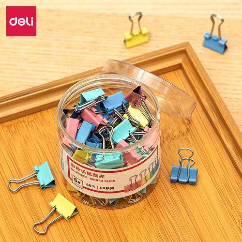 得力 8556ES 6#彩色长尾票夹筒装15mm(混)(60只/筒)
