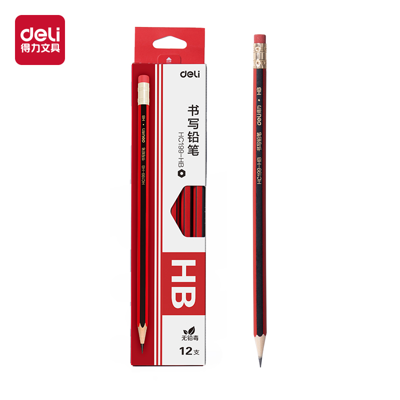 得力HC199-HB红黑抽条六角杆书写铅笔HB(混)(12支/盒）