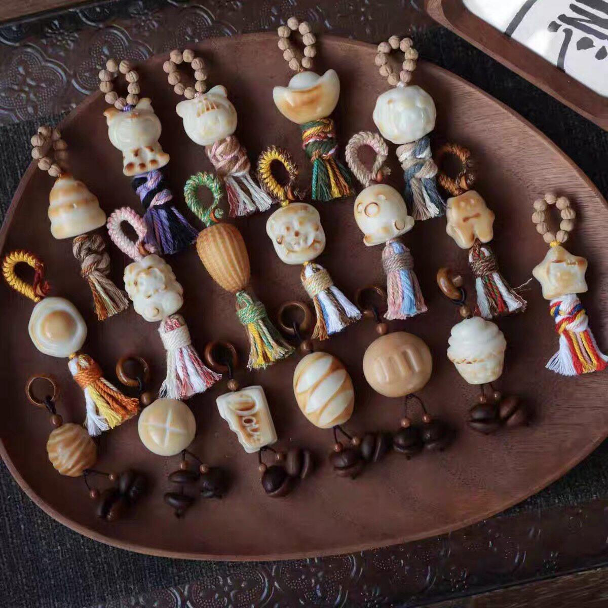 原创天然碳烤象牙果小滴溜手工流苏手串钥匙扣挂件活扣文玩配饰