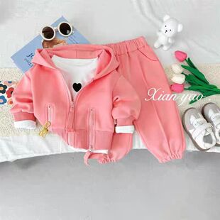 女童春秋春装2025新款洋气时髦儿童套装连帽宝宝休闲三件套