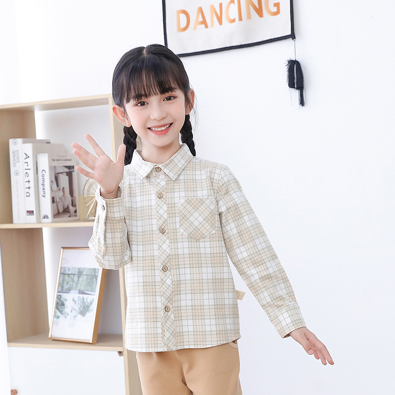 素道有机纯棉儿童长袖衬衣 男女童潮流格子衬衫 宽松新款时尚衫