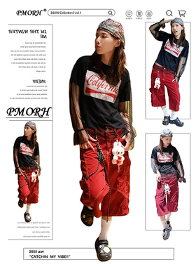 PMORH美式红色高级感弯刀直筒牛仔裤女秋冬新款显瘦高街七分裤潮