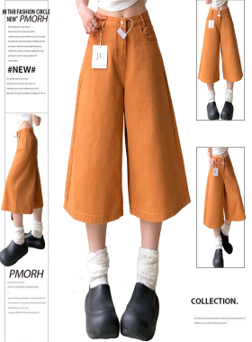 PMORH2026新款美式橙色小个子高腰阔腿宽松显瘦薄款七分牛仔裤女