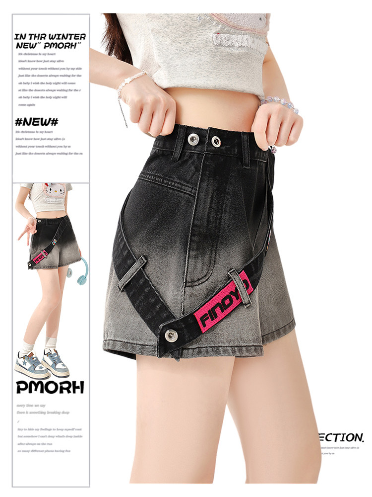 PMORH 黑色渐变侧拉链牛仔短裤女春季加厚高腰阔腿宽松a字裤子潮