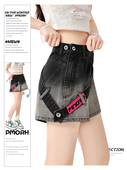 女秋冬加厚高腰阔腿宽松a字裤 PMORH 黑色渐变侧拉链牛仔短裤 子潮