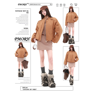 PMORH咖色冬季高级感短款羽绒棉服外套女2026新款宽松轻薄面包服