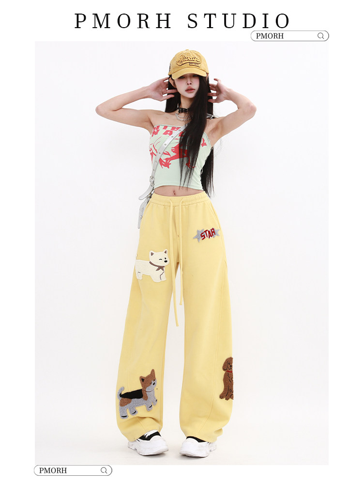 PMORH American retro niche commuter casual pants for women's summer 2026 new high-waisted dog embroidered floor-length pants thumbnail 3